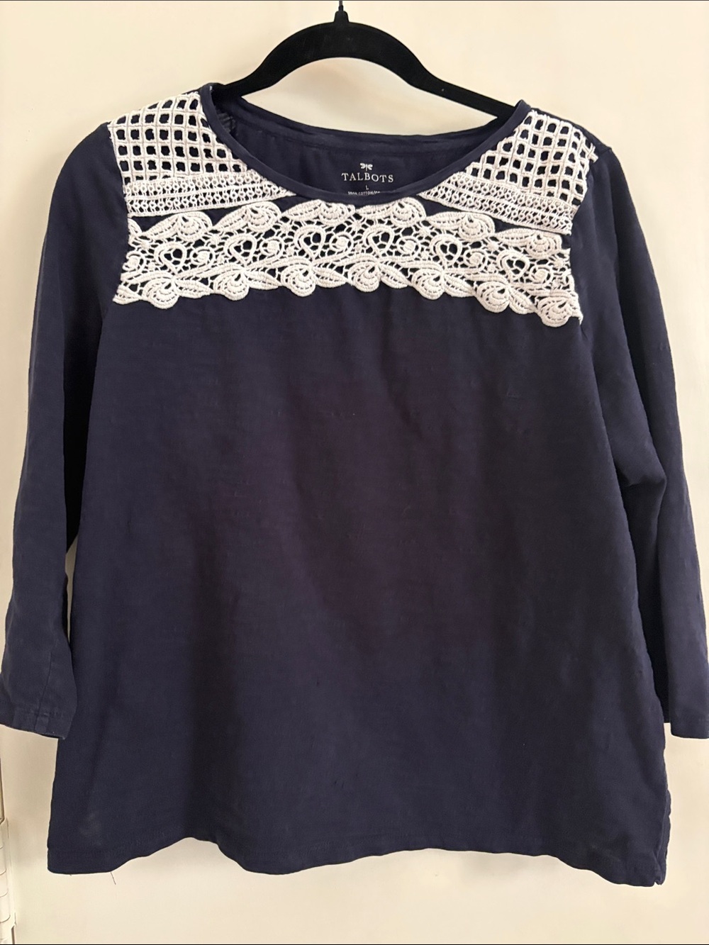 Talbots Women’s Navy Top with White Crochet Yoke Boho Cottagecore Size L